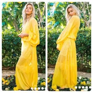 We Are HAH Royal HAHness Lemon Drop Lace Boho Long Sleeve Maxi Dress XS